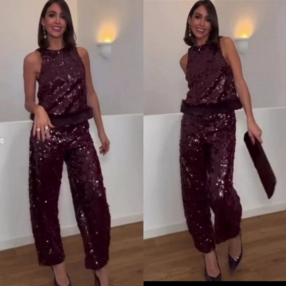 Zara Set Sequin Barrel Pants & Top With Faux Fur Hem NWT - Picture 2 of 16